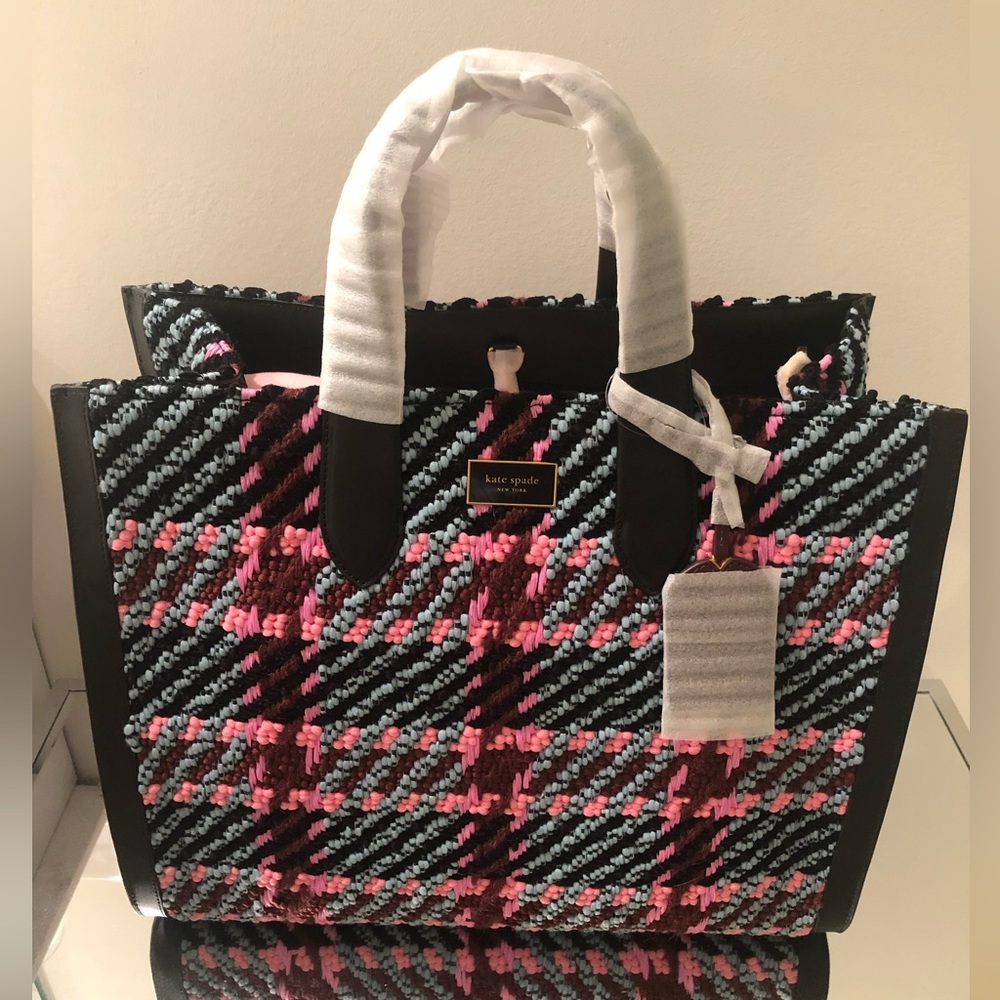 Kate Spade Manhattan Plaid Chunky Woven Large Tote In Dark Merlot